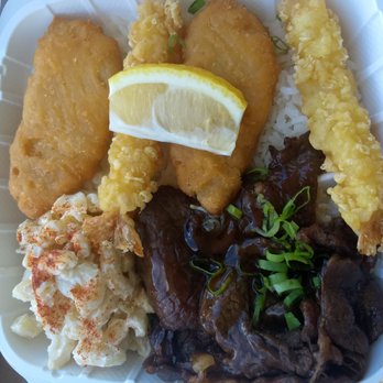Bobbie's - $13 meal number 4: breaded ono, tempura shrimp, teriyaki beef over rice, macaroni salad - Hawaiian Near Me - Hanapepe, Hawaii