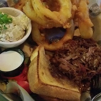 Del's Hideout - Pulled pork plate with bacon potato salad & onion rings. Bbq sauce was amazing. - Barbeque Near Me - San Diego, California Del's Hideout - Pulled pork plate with bacon potato salad & onion rings. Bbq sauce was amazing. - Barbeque Near Me - San Diego, California