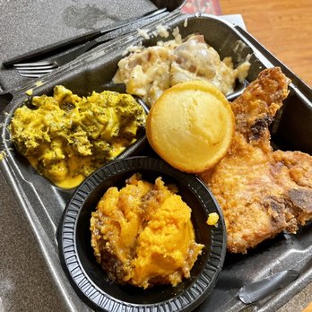 Filet & Vine - To go plate of fried pork chop, sweet potato casserole, newt potatoes, unforgettable broccoli and cheese, cornbread - Sandwiches Near Me - Montgomery, Alabama Filet & Vine - To go plate of fried pork chop, sweet potato casserole, newt potatoes, unforgettable broccoli and cheese, cornbread - Sandwiches Near Me - Montgomery, Alabama