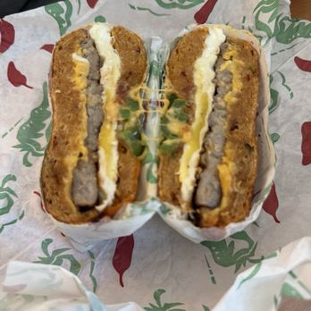 Bagel Bob’s - Sausage, Egg, & Cheese on Jalapeño Cheese Bagel: Exactly what you'd expect, in a good way. Spicy and hot! - Bakeries Near Me - Houston, Texas Bagel Bob’s - Sausage, Egg, & Cheese on Jalapeño Cheese Bagel: Exactly what you'd expect, in a good way. Spicy and hot! - Bakeries Near Me - Houston, Texas