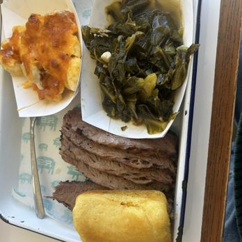 Rodney Scott’s Whole Hog BBQ - Brisket with Mac-cheese and collard greens. - Southern Near Me - Atlanta, Georgia Rodney Scott’s Whole Hog BBQ - Brisket with Mac-cheese and collard greens. - Southern Near Me - Atlanta, Georgia