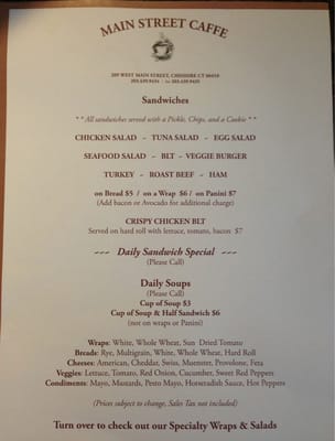 Menu photo 8 Main Street Caffe Cheshire, CT