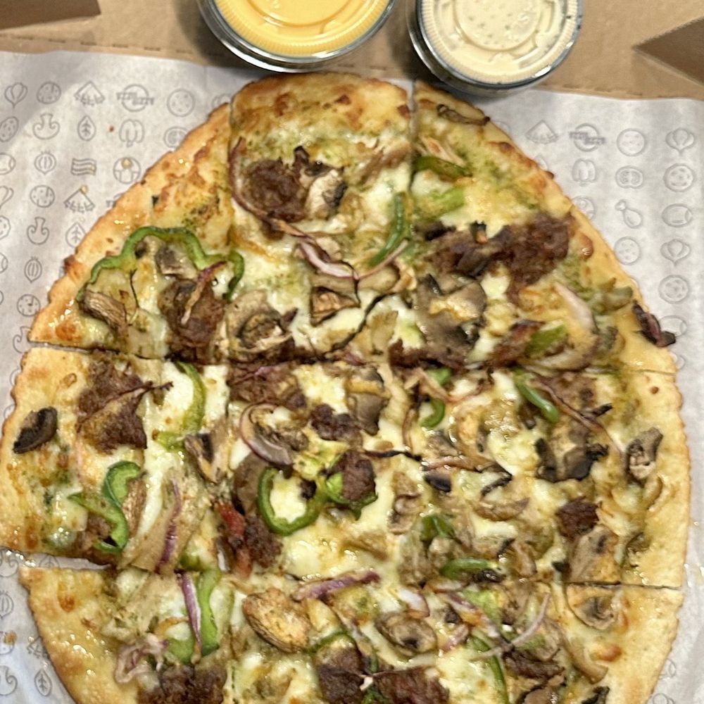 Azzip Pizza - Funky Chicken: Big Zip, Pesto, Garlic Butter, Mozzarella, Chicken, Pork, Mushrooms, Green Peppers, Red Onions, Ranch, Hot Honey, Cheese - Pizza Near Me - Indianapolis, Indiana Azzip Pizza - Funky Chicken: Big Zip, Pesto, Garlic Butter, Mozzarella, Chicken, Pork, Mushrooms, Green Peppers, Red Onions, Ranch, Hot Honey, Cheese - Pizza Near Me - Indianapolis, Indiana