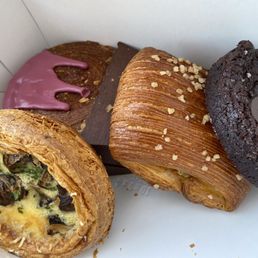 Quiche, pain suisse, chocolate cherry cookie, and the big round pink one