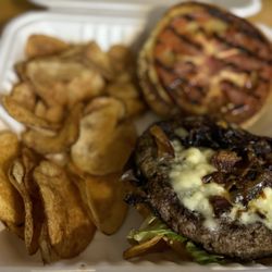 The Riverworks Restaurant and Tavern - House burger with Gorgonzola, bacon jam, and homemade chips