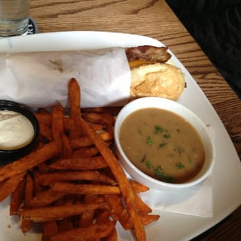 Original Joe's Restaurant & Bar - Loaded double dog with mushroom bisque and sweet potato fries - Bars Near Me - Edmonton, Alberta