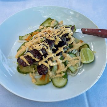Louie's Backyard - Beef Satay w/ Udon Noodles - New American Near Me - Key West, Florida Louie's Backyard - Beef Satay w/ Udon Noodles - New American Near Me - Key West, Florida