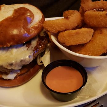 Bulldog Ale House - Original Burger ($14) with swiss cheese and onion rings on the side ($1 extra) - Bars Near Me - Bolingbrook, Illinois Bulldog Ale House - Original Burger ($14) with swiss cheese and onion rings on the side ($1 extra) - Bars Near Me - Bolingbrook, Illinois