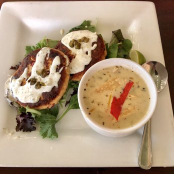 Plowman's Kitchen - Salmon patties with a side of creamy tortilla soup. - American Near Me - Taylor, Texas