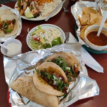 Picante Mexican Grill - bottom: Picadillo quesadilla and two tacos... el pastor and chorizo. Beware the house salsa is HOT - Mexican Near Me - Painesville, Ohio