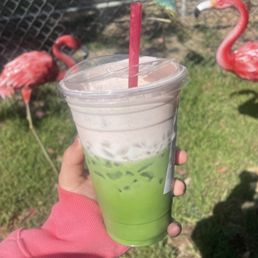 Iced matcha with strawberry cold foam Iced matcha with strawberry cold foam