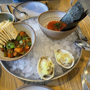 Ernest - Ceviche, sushi rice (with ikura and raw beef), oysters with apple granita - New American Near Me - San Francisco, California