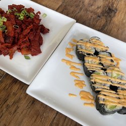Amituofo Vegan Cuisine - Spicy tuna roll and the BBQ "roast pork"
