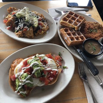 Eats - Mexican Scramble (Top left), Huevos Rancheros (Bottom left) and Chicken and Waffles (Right) - American Near Me - San Francisco, California Eats - Mexican Scramble (Top left), Huevos Rancheros (Bottom left) and Chicken and Waffles (Right) - American Near Me - San Francisco, California