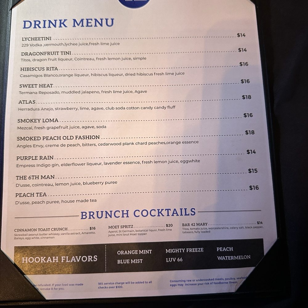 42 Bar And Grill - a drink menu - Hookah Bars Near Me - Atlanta, Georgia