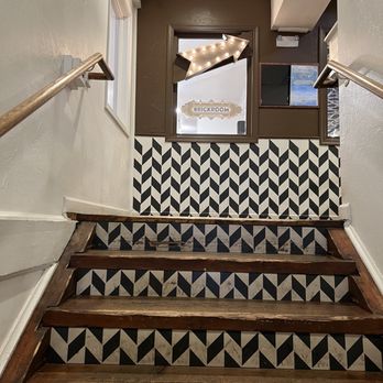 Brickroom - a staircase with black and white tiles - New American Near Me - Ashland, Oregon Brickroom - a staircase with black and white tiles - New American Near Me - Ashland, Oregon