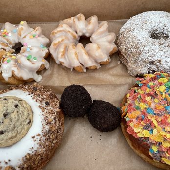 PVDonuts - Confetti Cruller, Honey Cruller, Gingerbread Crumb Cake (top) Milk & Cookies, Brownie Batter, Cereal Milk (bottom) - Donuts Near Me - Providence, Rhode Island