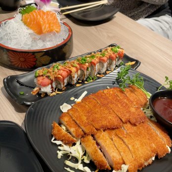 Sushi Rock & Grill - Left to right: salmon sashimi, hot night specialty roll, and chicken katsu - Sushi Bars Near Me - Gilbert, Arizona Sushi Rock & Grill - Left to right: salmon sashimi, hot night specialty roll, and chicken katsu - Sushi Bars Near Me - Gilbert, Arizona