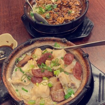 Clay Pot Cafe - Chicken and sausage (bottom - 3/5) and beef and egg (top - 4/5) clay pot - Cantonese Near Me - Boston, Massachusetts
