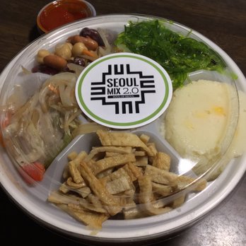 Seoul Mix 2.0 - Stacked Bowl: Rice Bowl w/choice of protein & chopchae. With 6 choice banchan stacked on top. ($12.80 w/Tax) 10/13/18. - Korean Near Me - Honolulu, Hawaii