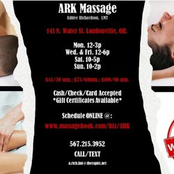 ARK Massage - By appointment only. Hours of availability will be changing late August.