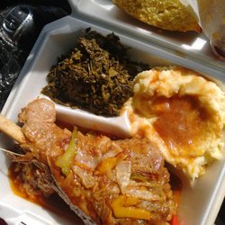Son Ja's Soul Food - Turkey leg, dressing (under turkey leg), mixed greens, mashed potatoes and gravy