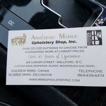 Mims Upholstery Shop - Business card - Furniture Reupholstery Near Me - Wellford, South Carolina Mims Upholstery Shop - Business card - Furniture Reupholstery Near Me - Wellford, South Carolina