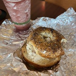 Standing Stone Coffee Company - Everything Bagel with cream cheese and a Very Berry fruit smoothie!