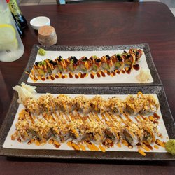 Leo Sushi & Asian Cuisine - Top: dynamite roll with crab Bottom: spicy crunchy salmon roll