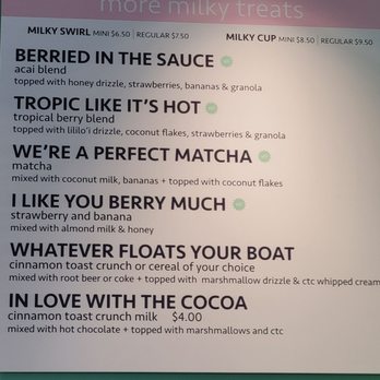 Milky Cereal Bar - Menu of signature treats 1 - Ice Cream & Frozen Yogurt Near Me - Kapolei, Hawaii Milky Cereal Bar - Menu of signature treats 1 - Ice Cream & Frozen Yogurt Near Me - Kapolei, Hawaii