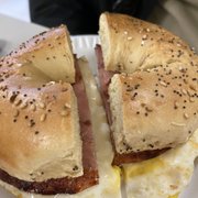 Photo of Vic's Bagels - Bethlehem, PA, United States. Pork-roll egg and cheese on everything bagel (very good, everything bagel had a little too much salt though!)
