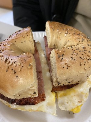 Photo of Vic's Bagels - Bethlehem, PA, US. Pork-roll egg and cheese on everything bagel (very good, everything bagel had a little too much salt though!)