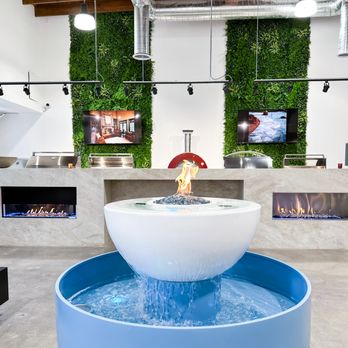 Ace Building Materials - Water Fall Feature with Gas Firepit, Outdoor Fireplaces, Fireplaces, Grass Wall in Showroom. - Building Supplies Near Me - Van Nuys, California Ace Building Materials - Water Fall Feature with Gas Firepit, Outdoor Fireplaces, Fireplaces, Grass Wall in Showroom. - Building Supplies Near Me - Van Nuys, California