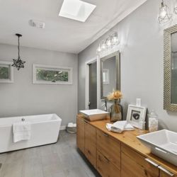 Vast Improvements - Custom Bathroom Designs - Floating vanity - Modern Shower and Free Standing Tub