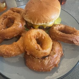 Patrick's Burger with onion rings. Patrick's Burger with onion rings.