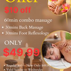 Foot Joy Massage - Valid Sunday to Wednesday
Show this offer in-store to redeem
Cannot be combined with other discounts