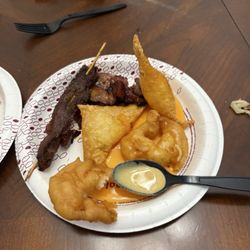 Fried shrimp, crab puffs, beef skewers, bbq pork