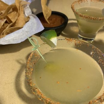 DK Maria's Legendary Tex-Mex - Mexican Martini with tajin and fresh chips with salsa - Tex-Mex Near Me - Austin, Texas