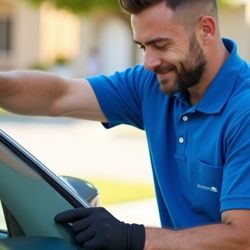 WindshieldHUB - WindshieldHUB technician performing a chip repair on a windshield, wearing gloves and a blue company uniform with a logo.