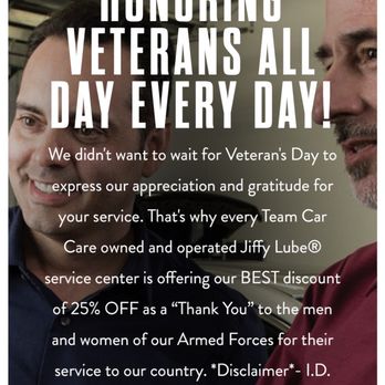 Jiffy Lube - Jiffy Lube Veteran's Day Discount - NOT honored at this location - Auto Repair Near Me - Alexandria, Virginia Jiffy Lube - Jiffy Lube Veteran's Day Discount - NOT honored at this location - Auto Repair Near Me - Alexandria, Virginia