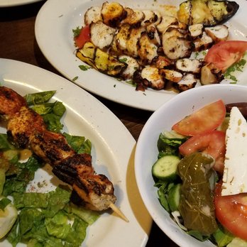 Sofia's Mediterranean Grill - Grilled octopus, side Greek salad and a Grilled Chicken skewer - Greek Near Me - Hasbrouck Heights, New Jersey Sofia's Mediterranean Grill - Grilled octopus, side Greek salad and a Grilled Chicken skewer - Greek Near Me - Hasbrouck Heights, New Jersey