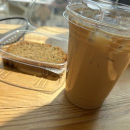 Cinnamon zucchini bread and Brown Sugar Vanilla Latte with oatmilk