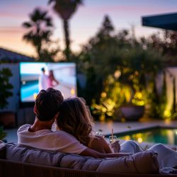 ReelTime Sight & Sound - A couple enjoys their outdoor TV, designed and installed by ReelTime.