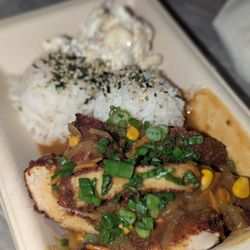 Dragon's Alley Coffee - Chicken Katsu Curry Bowl $18 Steamed rice, Japanese curry, Mac salad. All are dairy-free!!