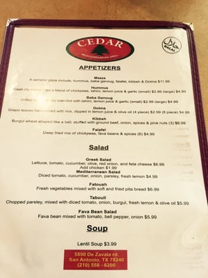 Menu photo 8 Cedar Mediterranean Grill San Antonio, TX