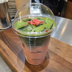 Matcha strawberry oat latte iced