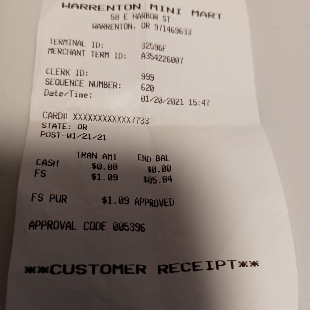 Mini Mart Warrenton - a receipt for a customer - Grocery Near Me - Warrenton, Oregon Mini Mart Warrenton - a receipt for a customer - Grocery Near Me - Warrenton, Oregon