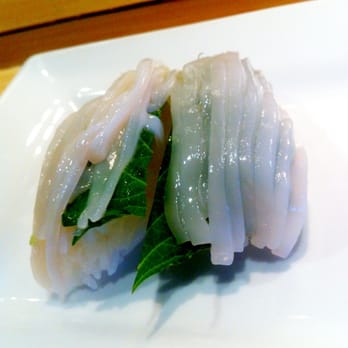 Sushi Shunka - Spear squid (yari ika) with oba shiso. - Sushi Bars Near Me - Costa Mesa, California Sushi Shunka - Spear squid (yari ika) with oba shiso. - Sushi Bars Near Me - Costa Mesa, California