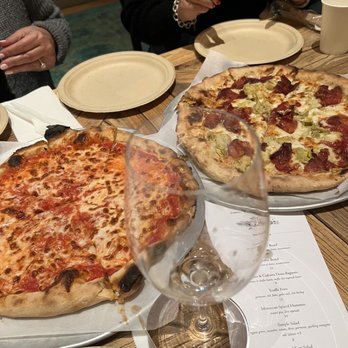 Stone Tower Winery - Five cheese pizza and prosciutto artichoke pizza - Wineries Near Me - Leesburg, Virginia Stone Tower Winery - Five cheese pizza and prosciutto artichoke pizza - Wineries Near Me - Leesburg, Virginia