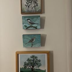 Alberta Street Gallery - Top-fabric tree by Michelle Purvis, birds-Chickadee and Sparrow, Mercy Tree by bd Dombrowsky